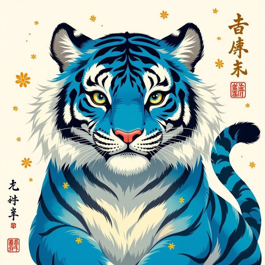 Blue Tiger in Korean Folk Art Style
