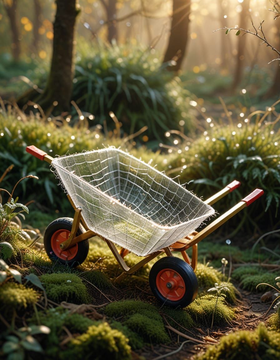 Spiderweb Wheelbarrow Sculpture in Golden Hour Light