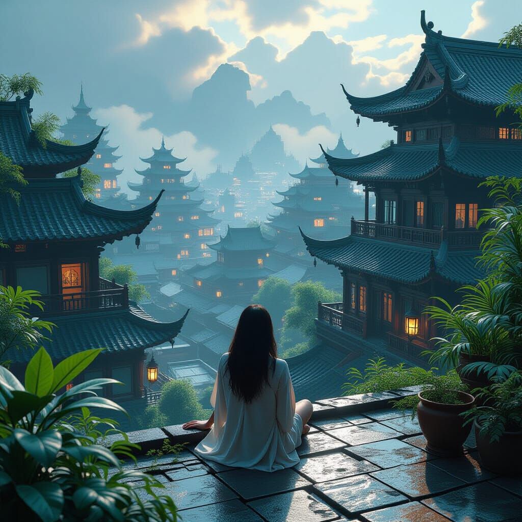 Lush Rooftop Garden in Digital Matte Painting Style