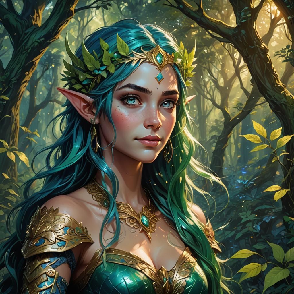 Night Elf Princess in Lush Forest, Comic Book Art