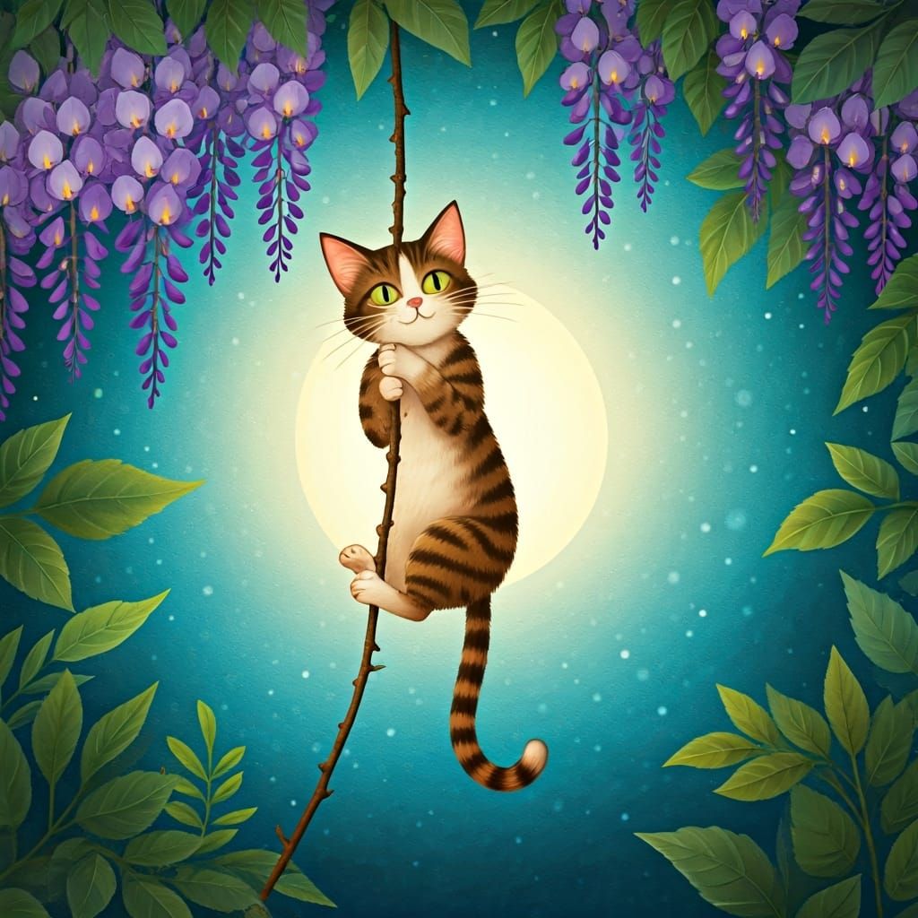 Storybook illustration, a cat climbing a wisteria