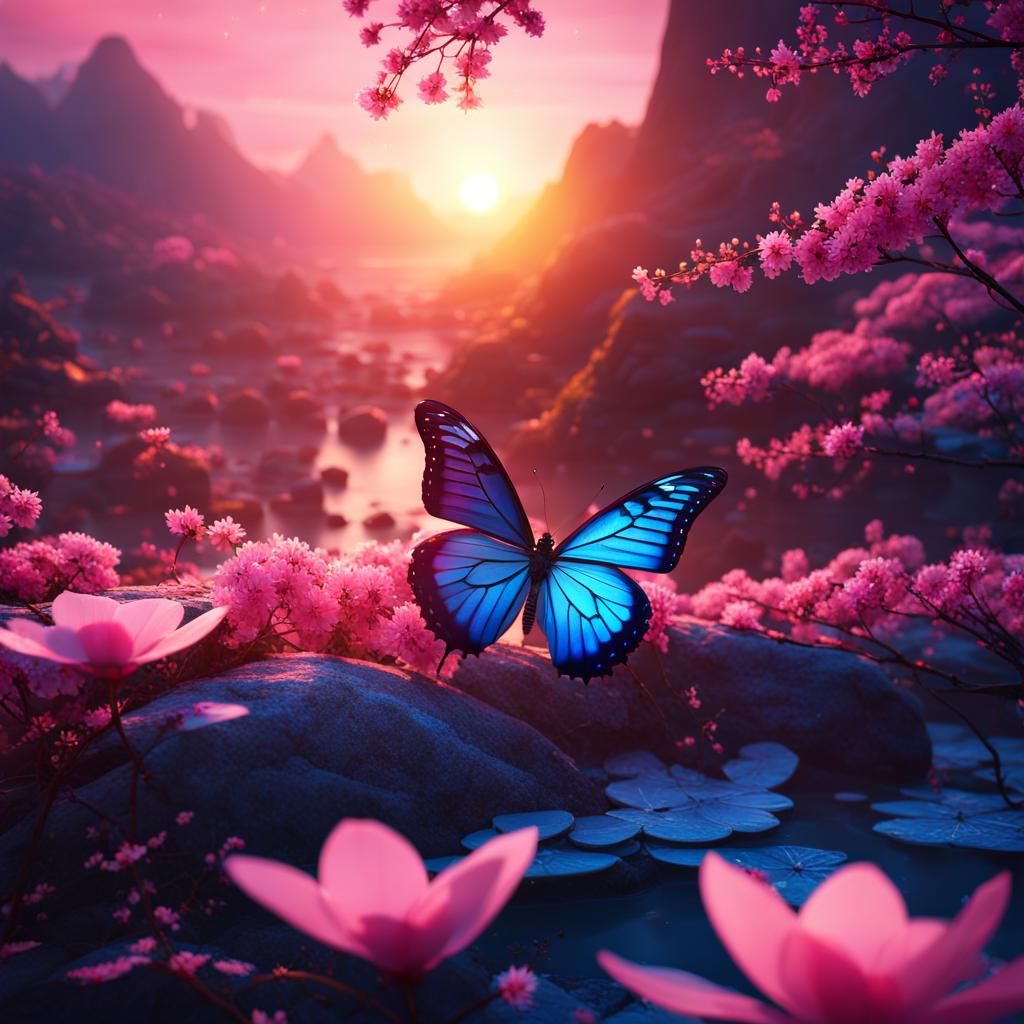 Mythical Butterfly in Chinese Sunset Landscape