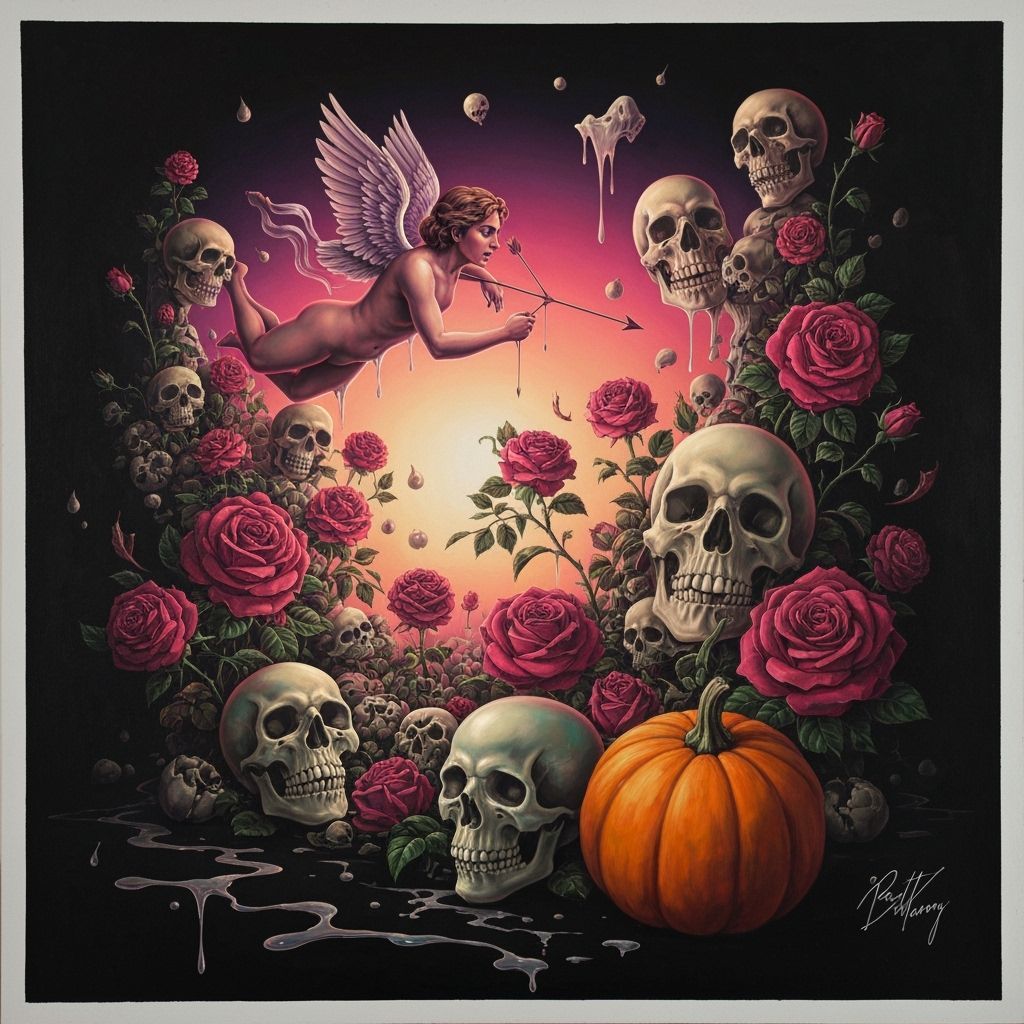 Surreal Valentine's Day With Cupid, Roses, Skulls