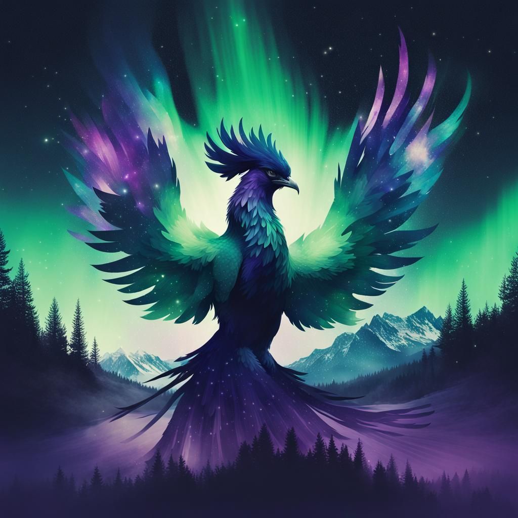 Aurora Phoenix Double Exposure, Vibrant Art