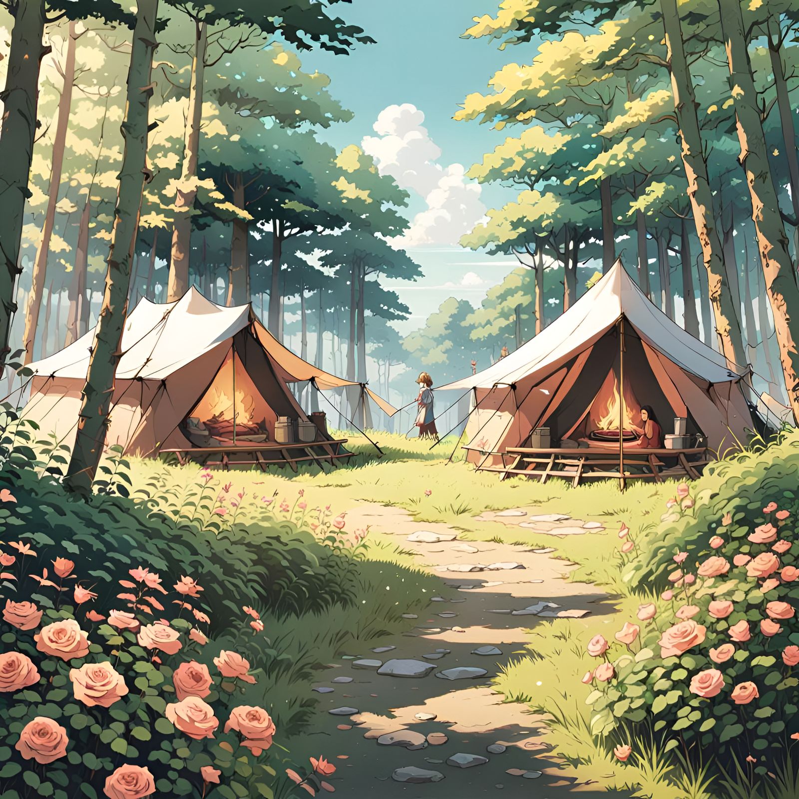 Tranquil Forest Campfire in Anime Style
