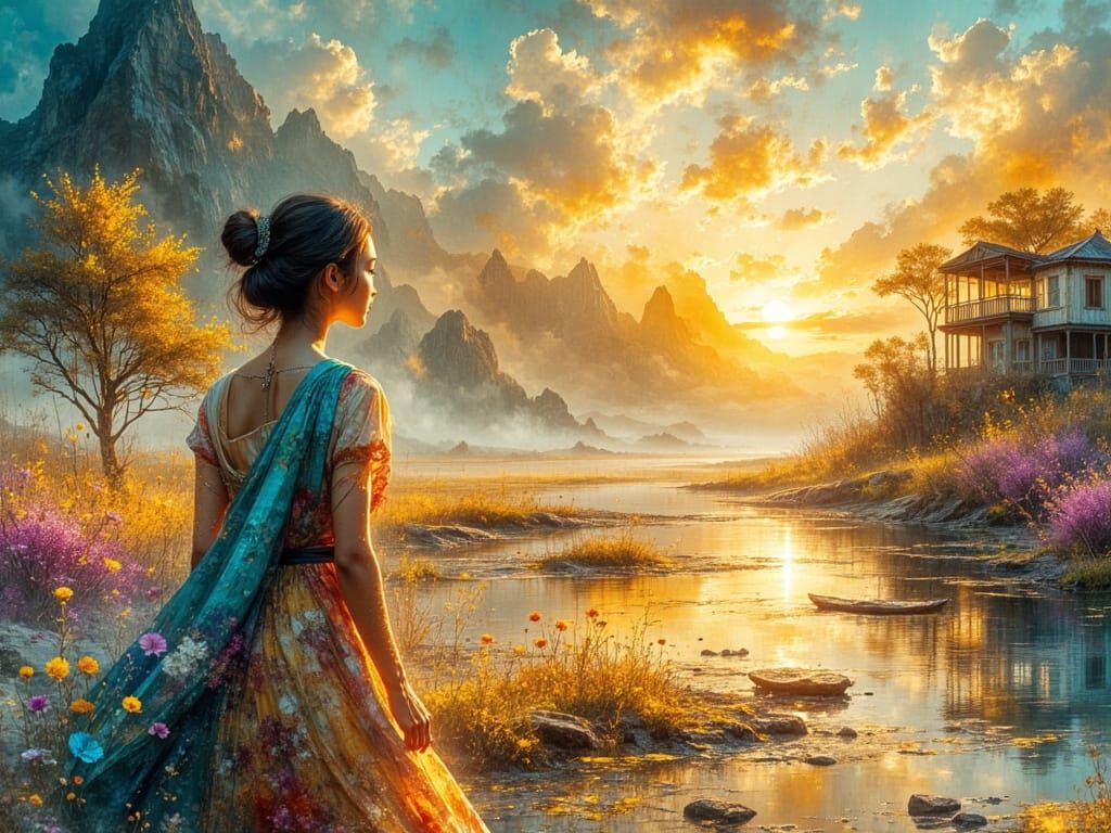 Palestinian Woman in Dreamy Watercolor Sunset Landscape