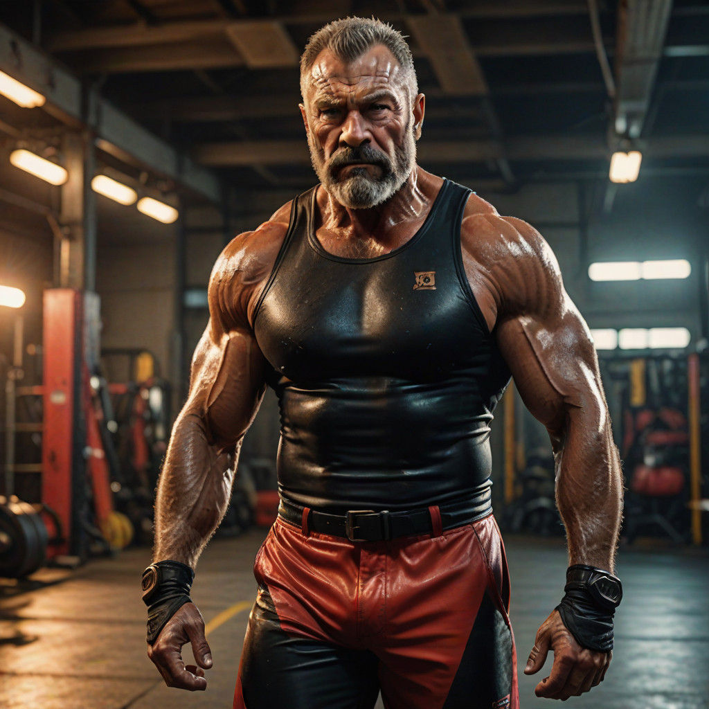 Confident Wrestler in Red and Black Polyurethane Trunks