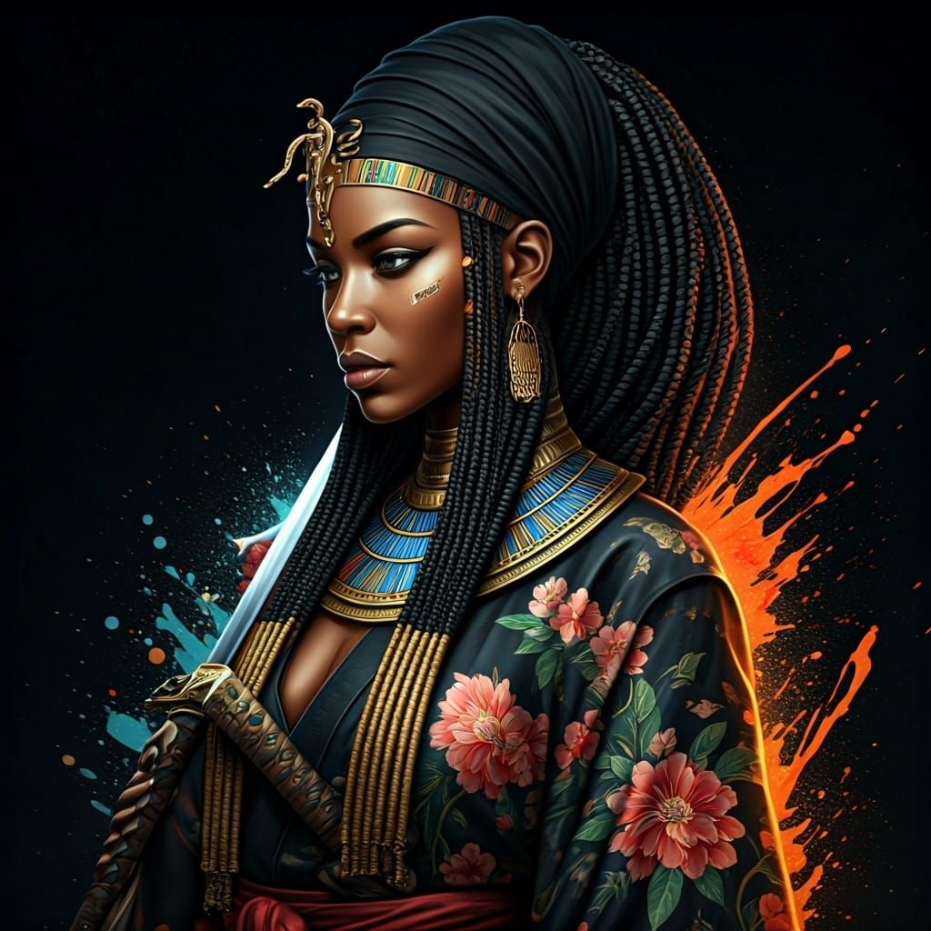 Black Egyptian Samurai with Katana in Hyperrealistic Style