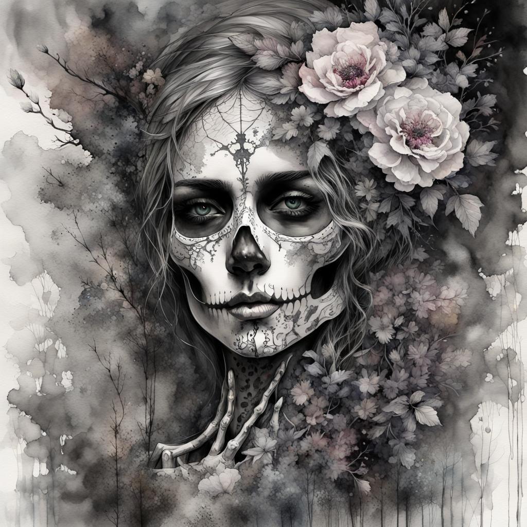 Watercolor Skeleton in a Forest Fantasy Art