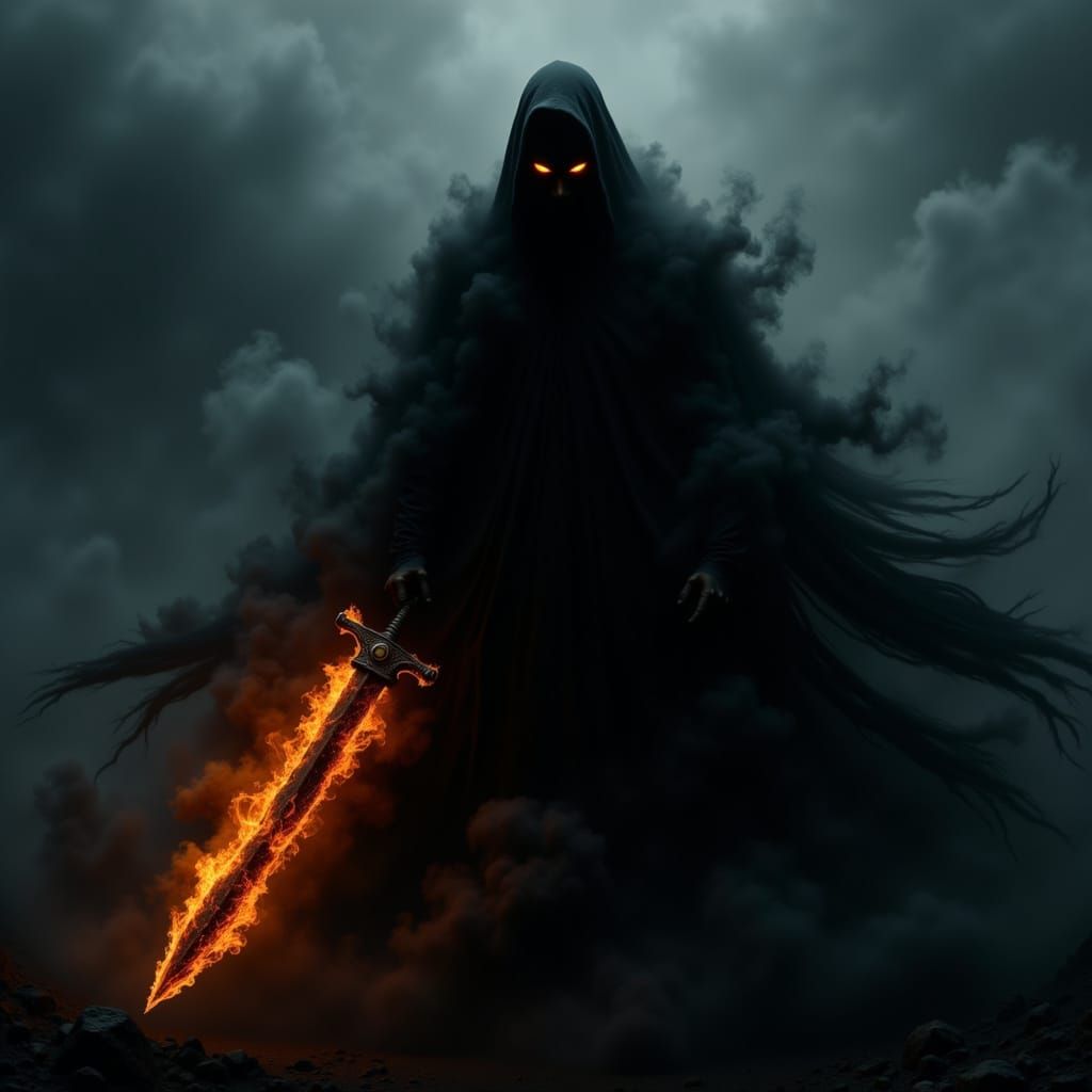 Shadow Deity Emerges from Mist Wielding Fire Sword