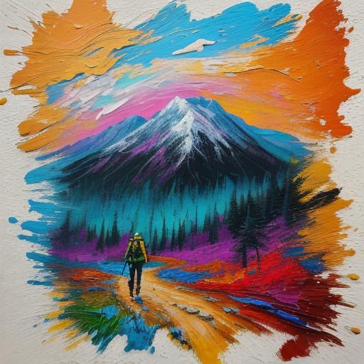 Woman and Mastiff Hiking: Pop Surrealist Impasto Oil Paintin...