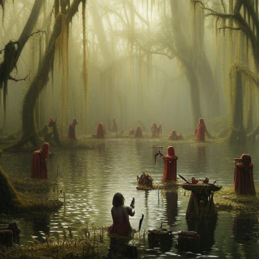 Spooky Swamp Ritual Painting in Dark Fantasy Style