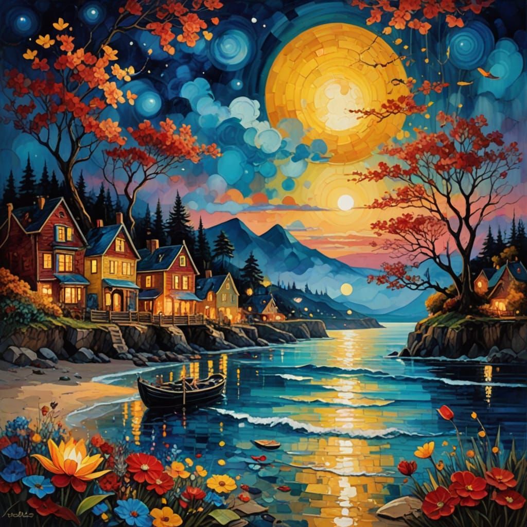 Surrealist Architecture at Sunset in Vibrant, Textured Color...