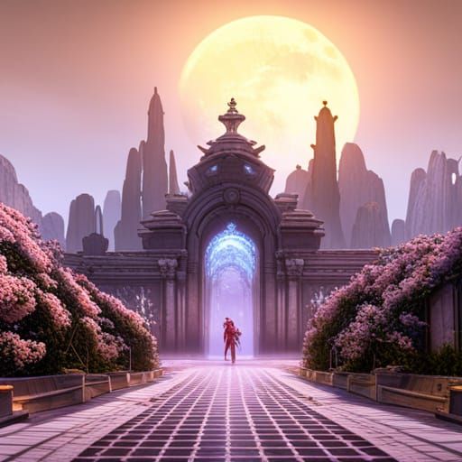 Fantastical Labyrinth with Moon and Flowers