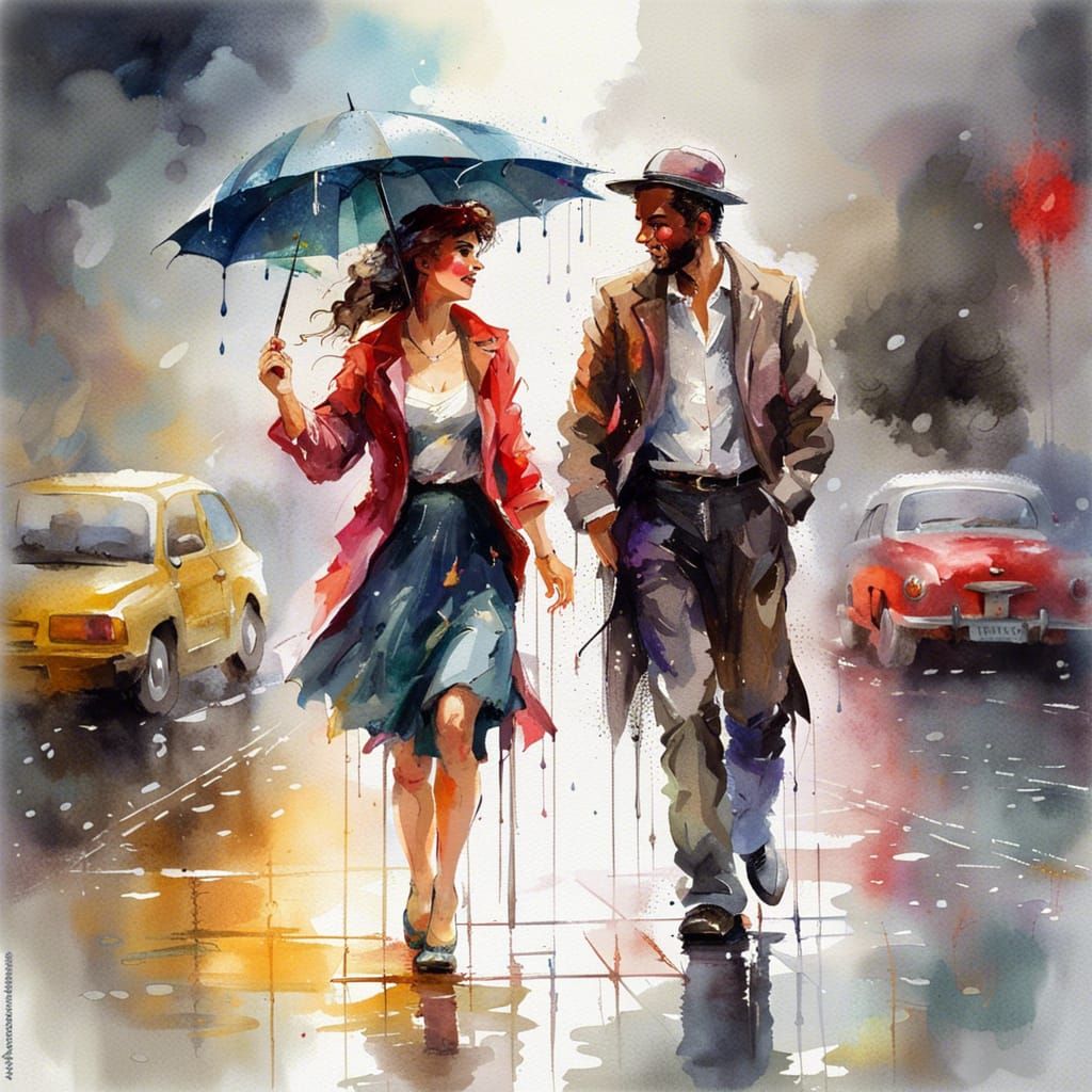 Joyful Couple Dancing in Rainy Street, 2D Game Art