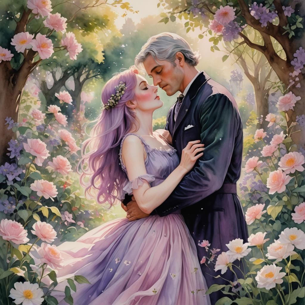 Woman Kissing in Pastel Watercolor Flower Garden