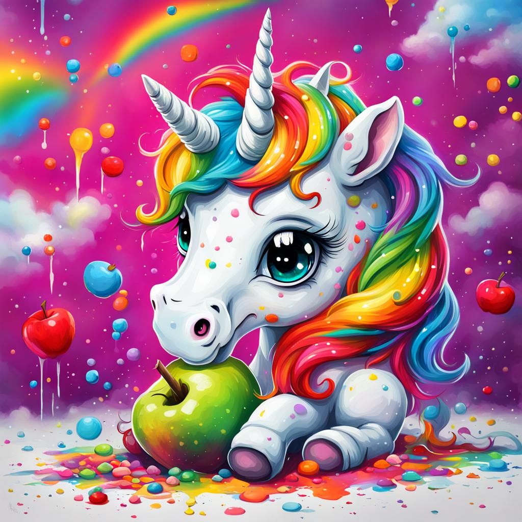 Cute Rainbow Unicorn Eating Apple in Graffiti Style