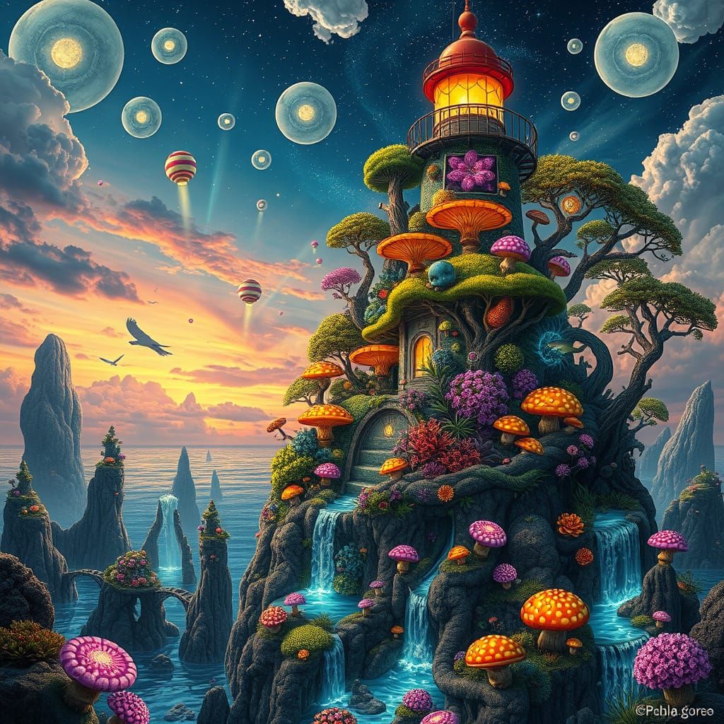 Fantasy Plant Kingdom Lighthouse: Bioluminescent Flora in 8K