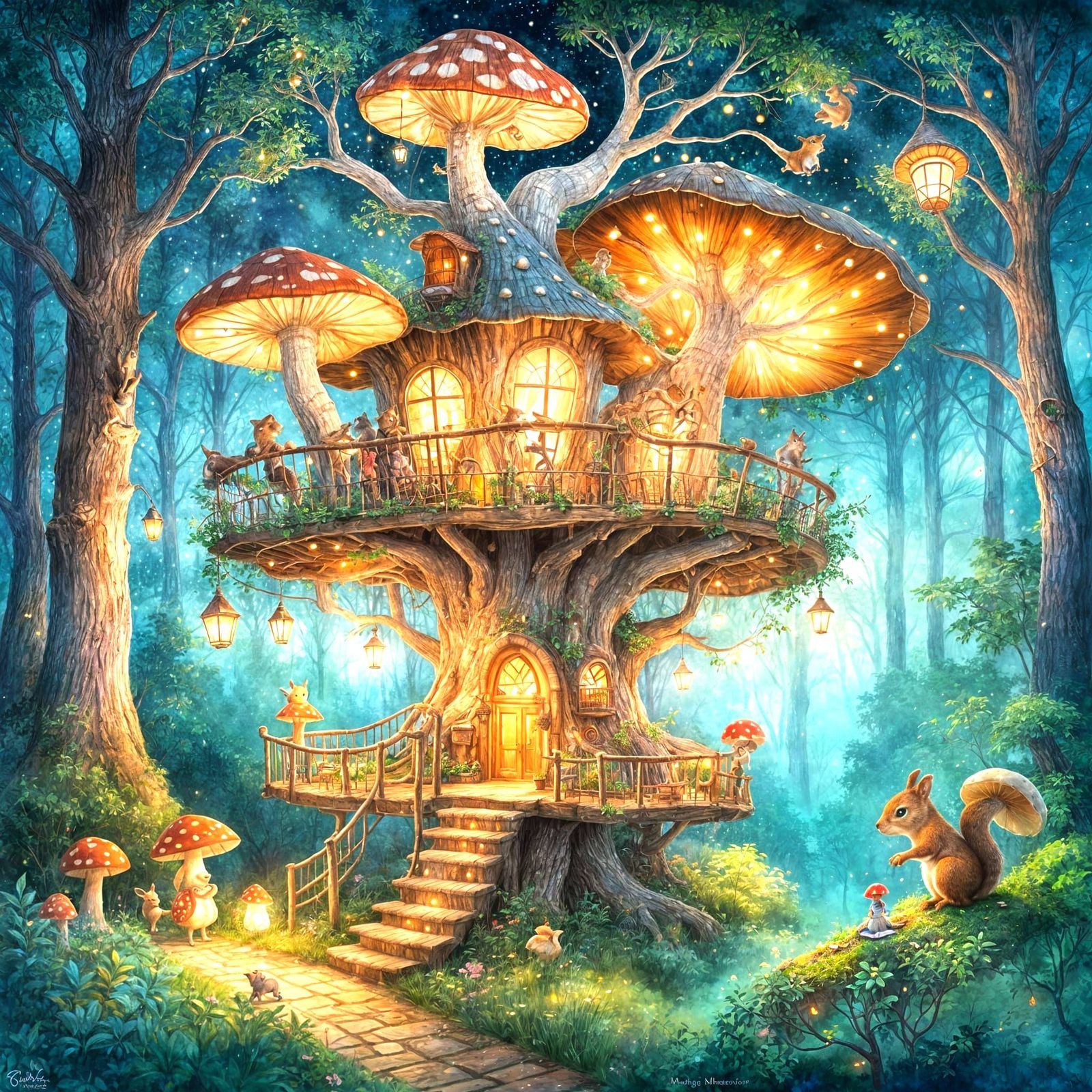 Whimsical Mushroom Treehouse with Squirrel and Fireflies