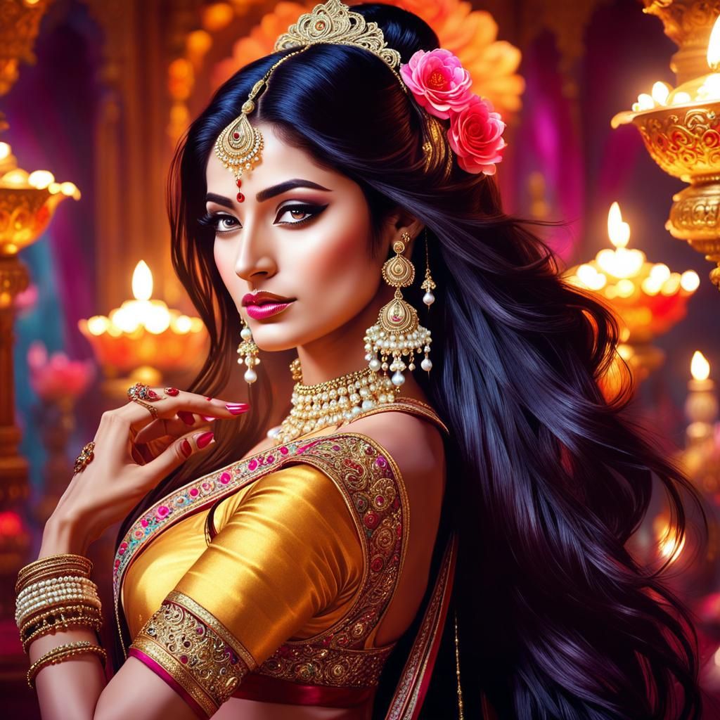 Indian Dancer in Palace with Traditional Lamps