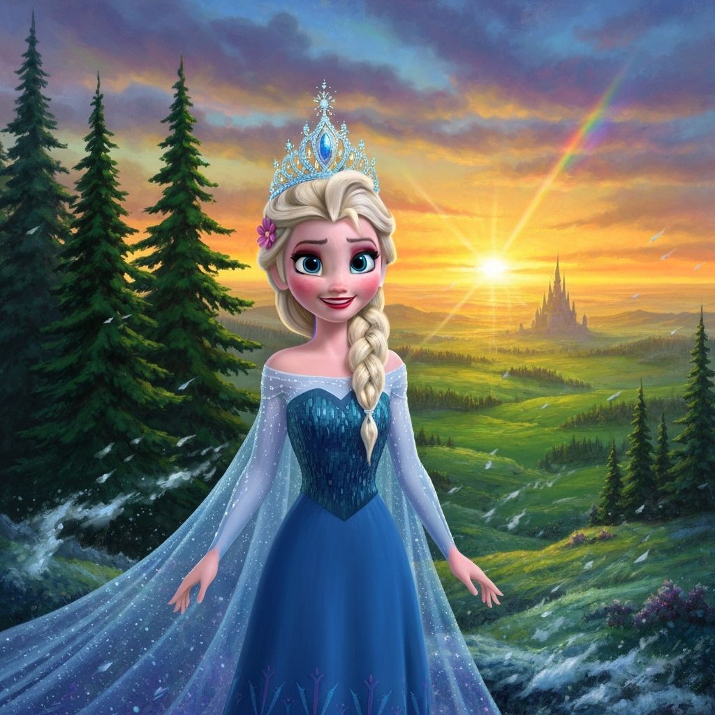 Elsa in Royal Blue Dress with Golden Sunset Landscape