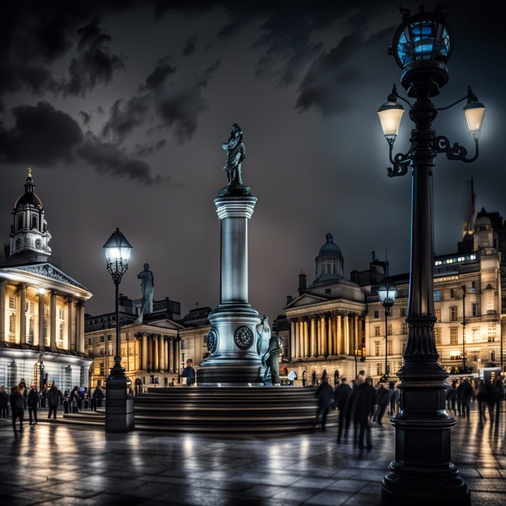 Trafalgar Square at Night in Hyperrealistic Detail
