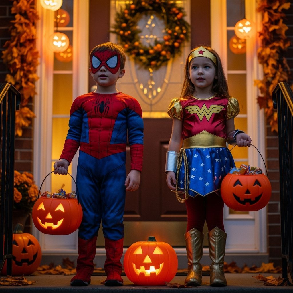 Children in Halloween Costumes on Doorstep at Dusk
