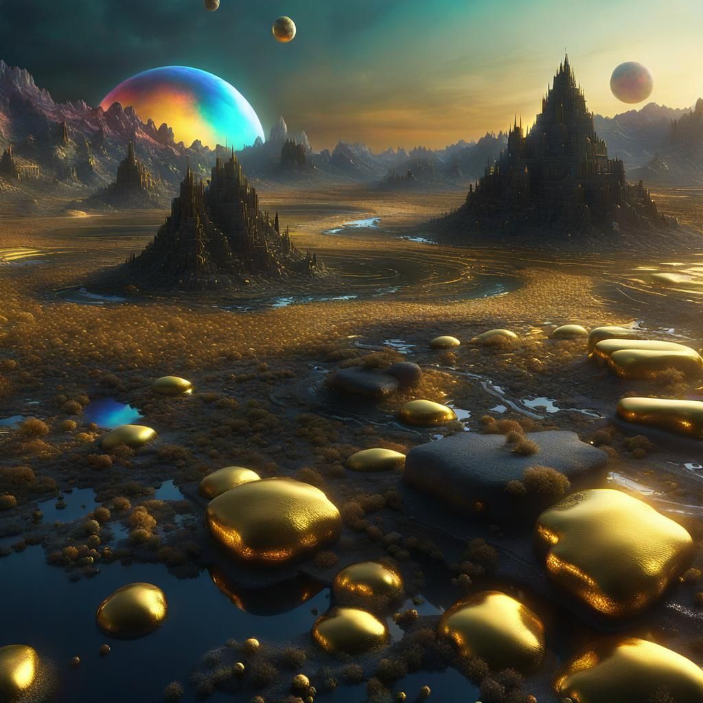 Psychedelic Cosmic Landscape in Gold and Iridescent Colors