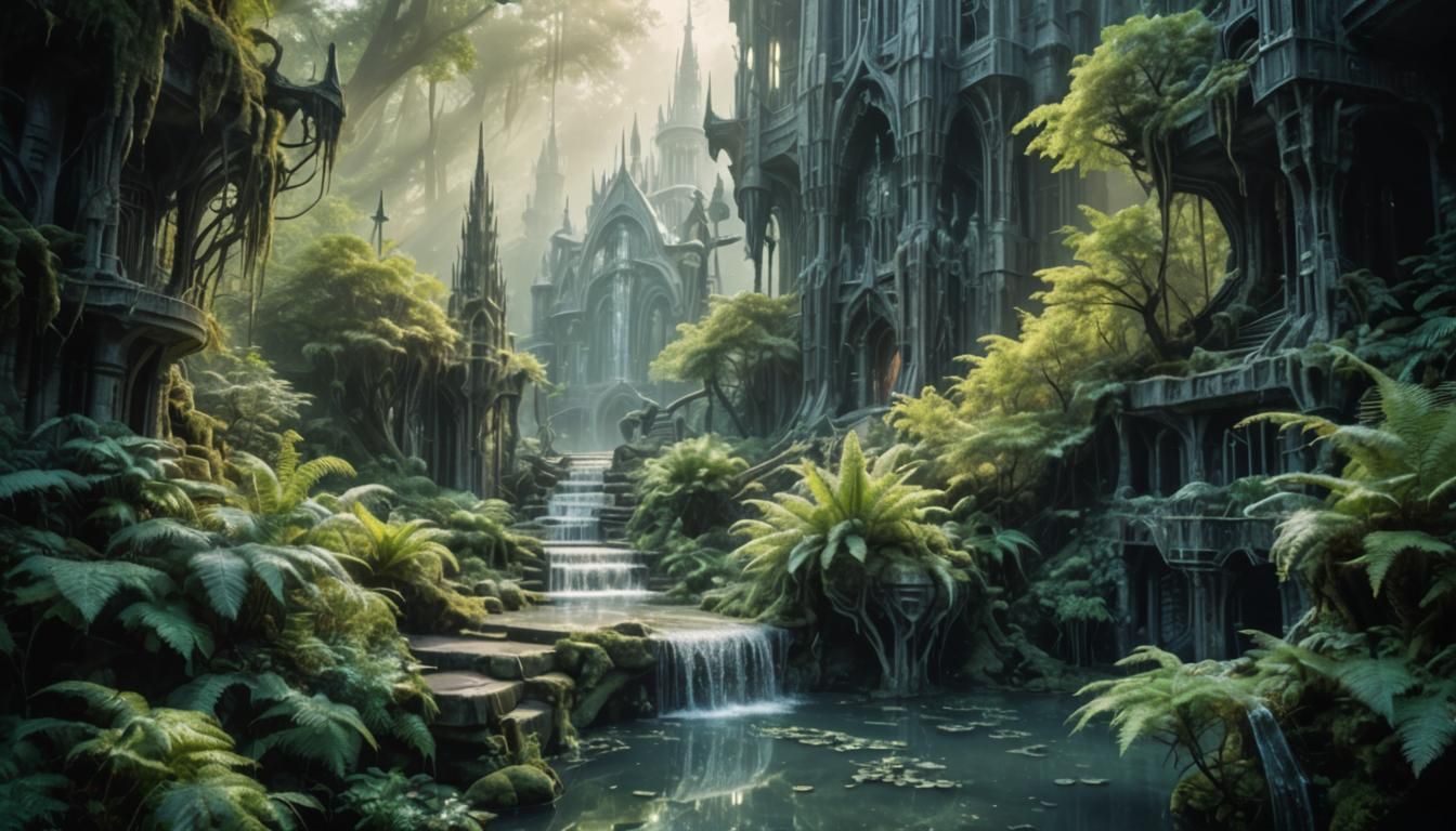 Surreal Architecture: Crystal Spires in Dreamlike Forest