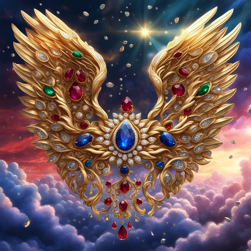 Golden Angel with Diamond Wings in Fantasy Sky