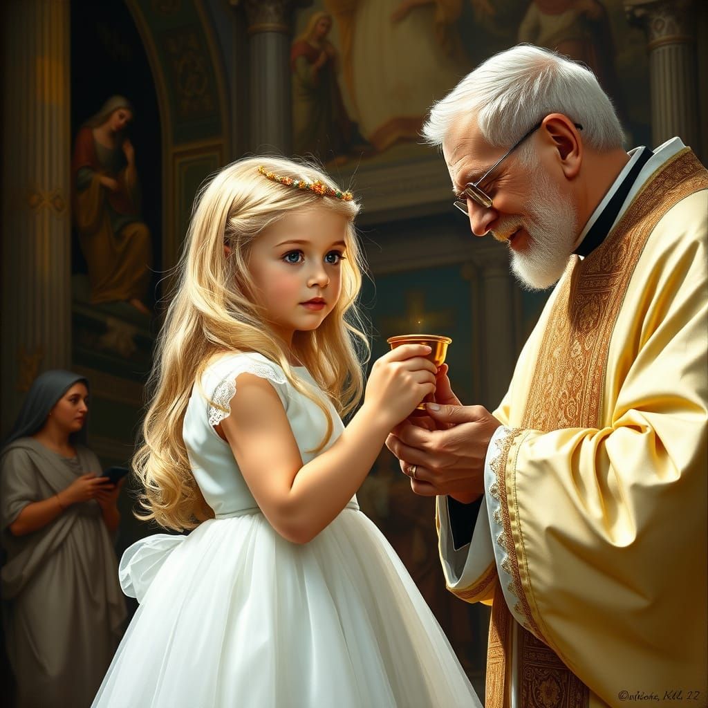 Girl Receives Communion in Baroque Style