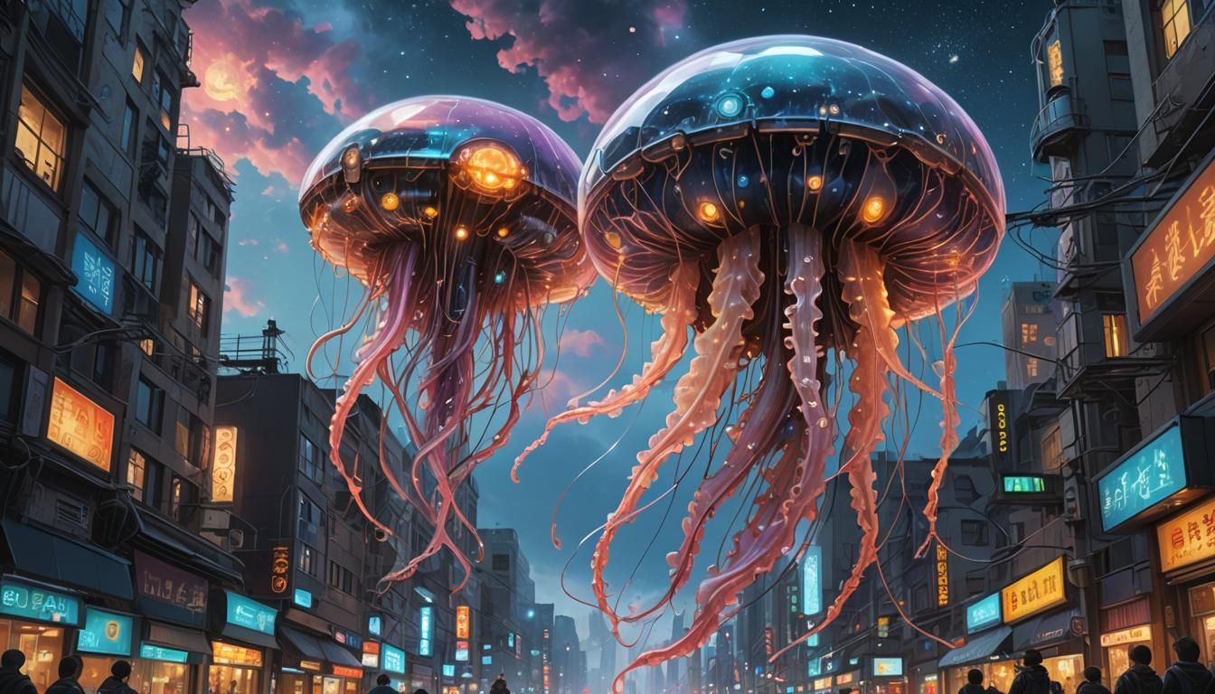 Cyberpunk Cyborg Jellyfish in Ornate Cityscape