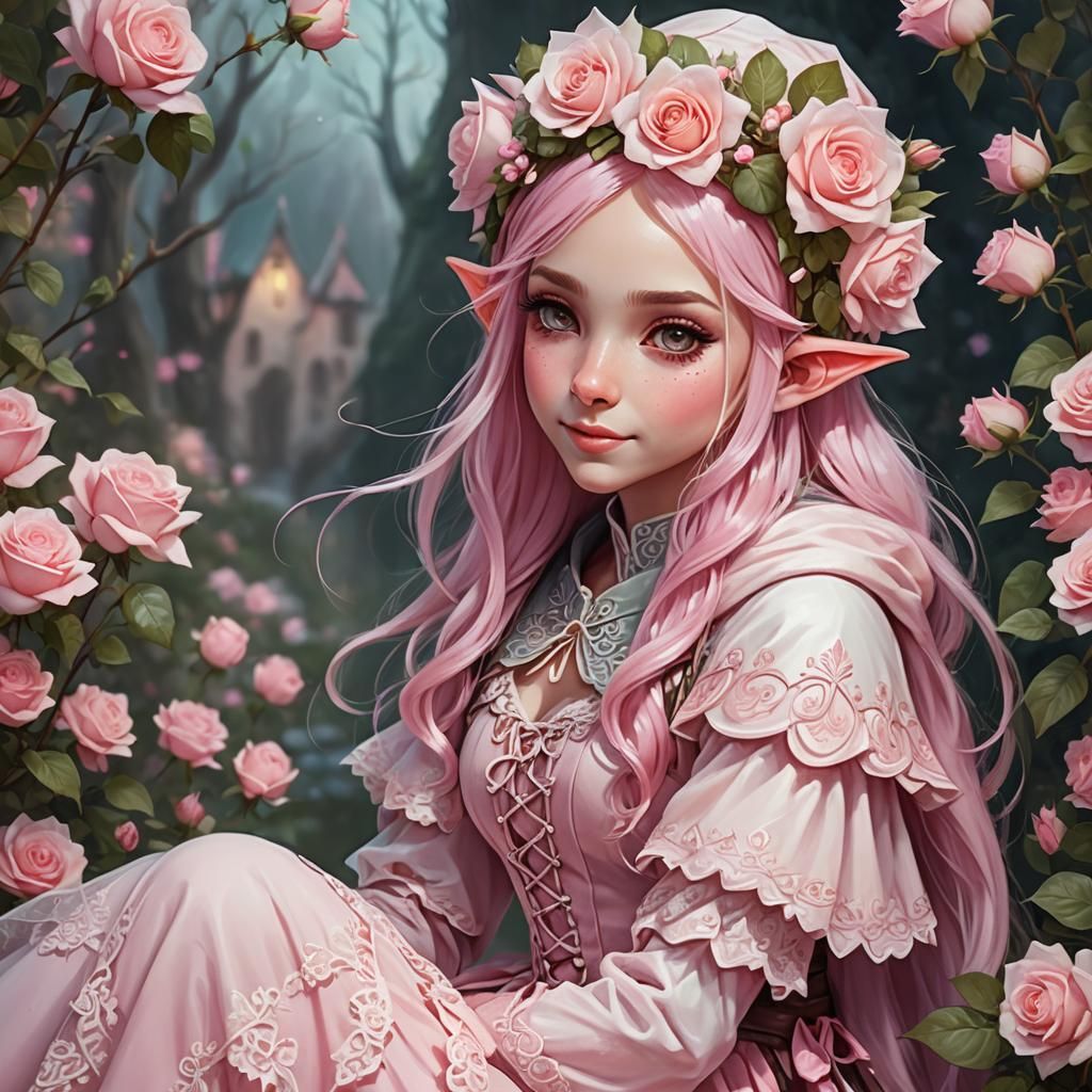 Digital artwork airbrushed realistic of a cute elf, smiling happily, sitting posing with soft pink hair, wearing a soft ...