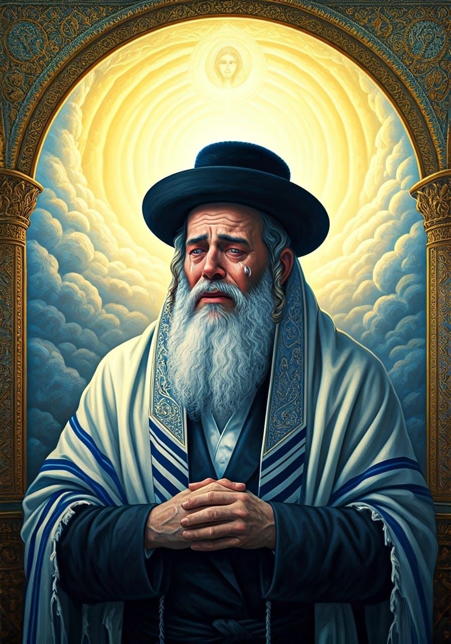 Orthodox Jew Weeping Under Divine Light as Gold Leaf Mosaic
