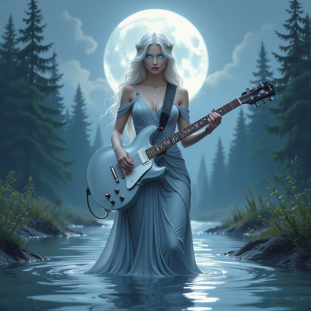 Goddess Minerva with Electric Guitar in Moonlit Pine Forest