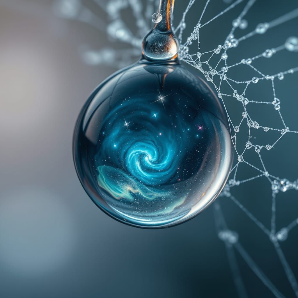 Macro Dewdrop Reflecting a Galaxy on Spiderweb