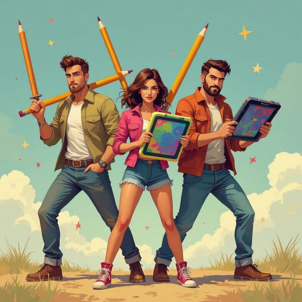 Trio with Pencil Swords and Tablet Shield