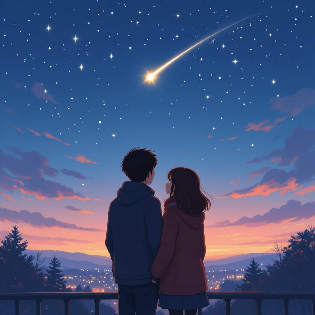 Couple Watching Shooting Star in Whimsical Style