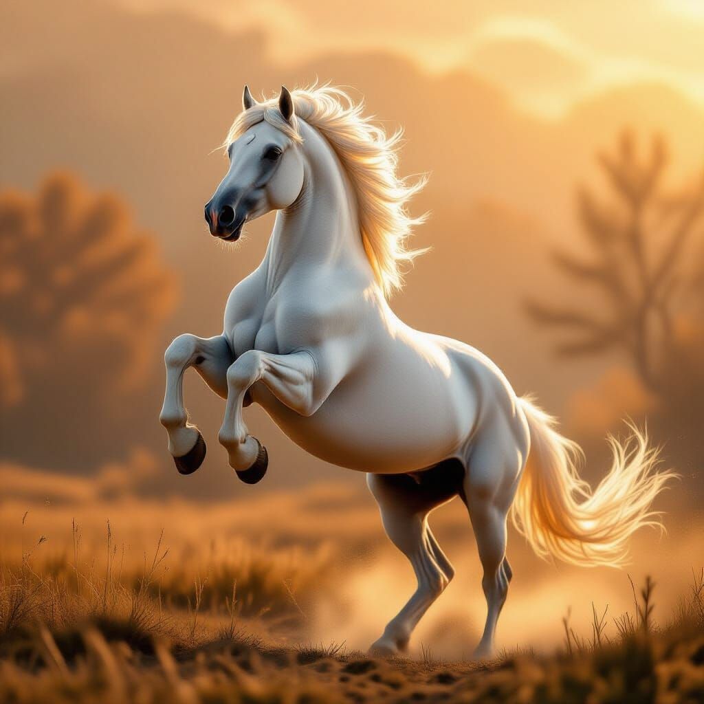 Powerful White Horse Rears Up in Dramatic Digital Painting
