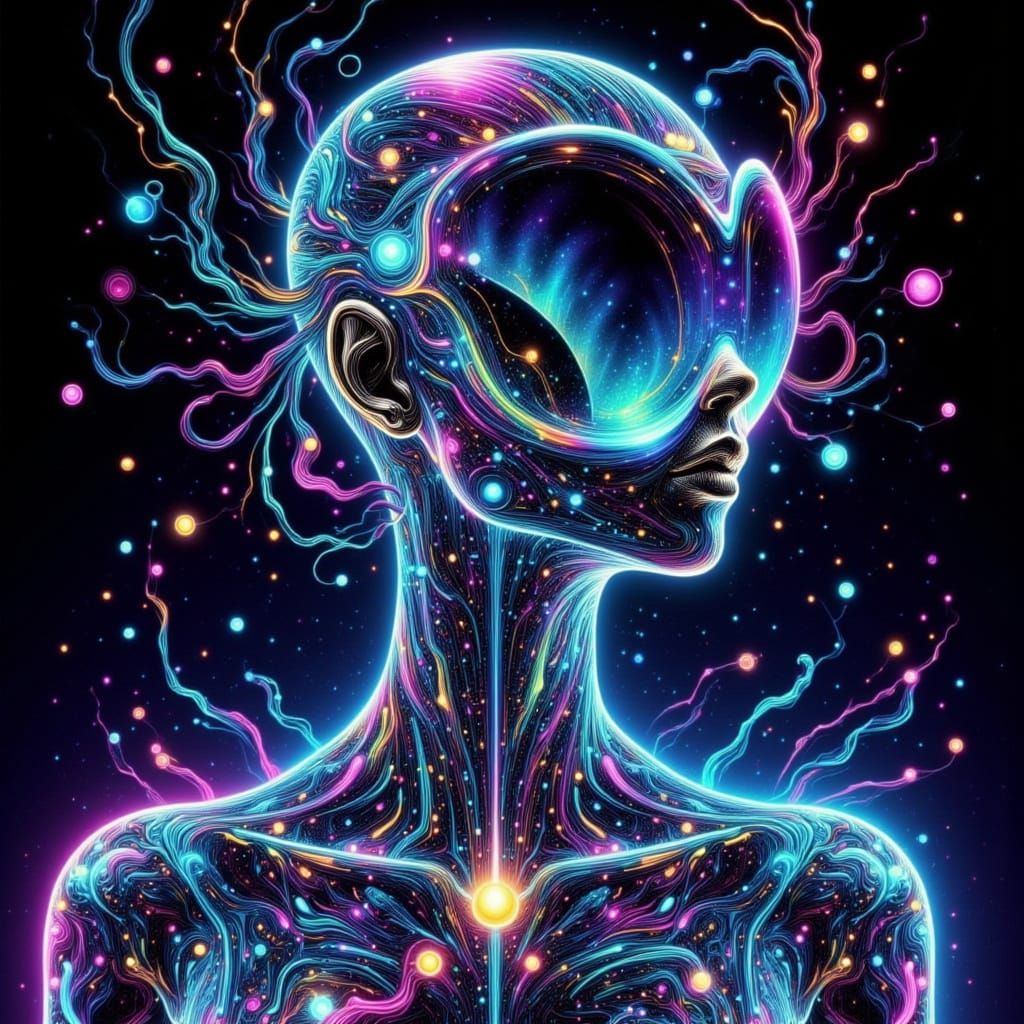 Alien Woman With Neon Circuitry Hair Drinks Luminous Elixir