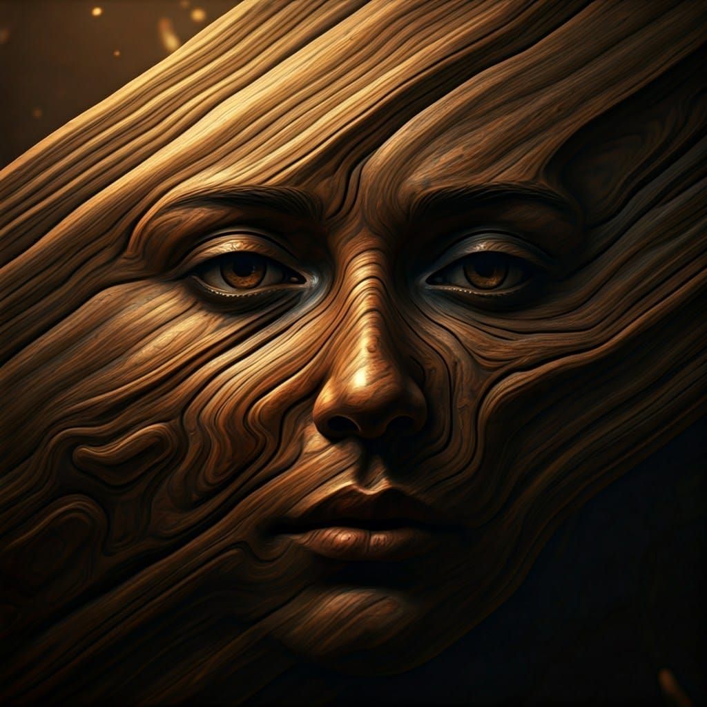 Wooden Portrait with Serene Features in Hyperrealistic Detai...