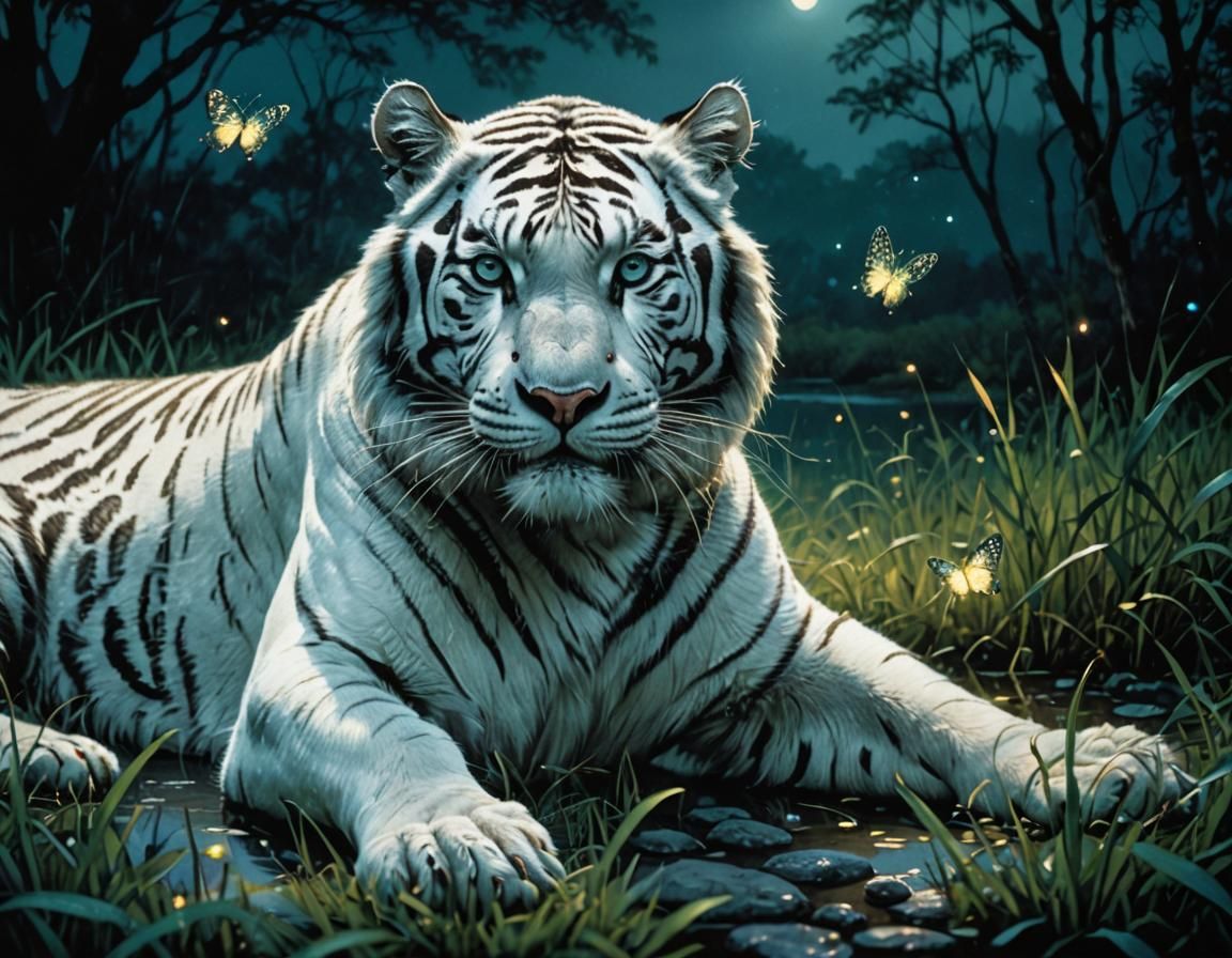 White Tiger Playing with Firefly in Oil Style