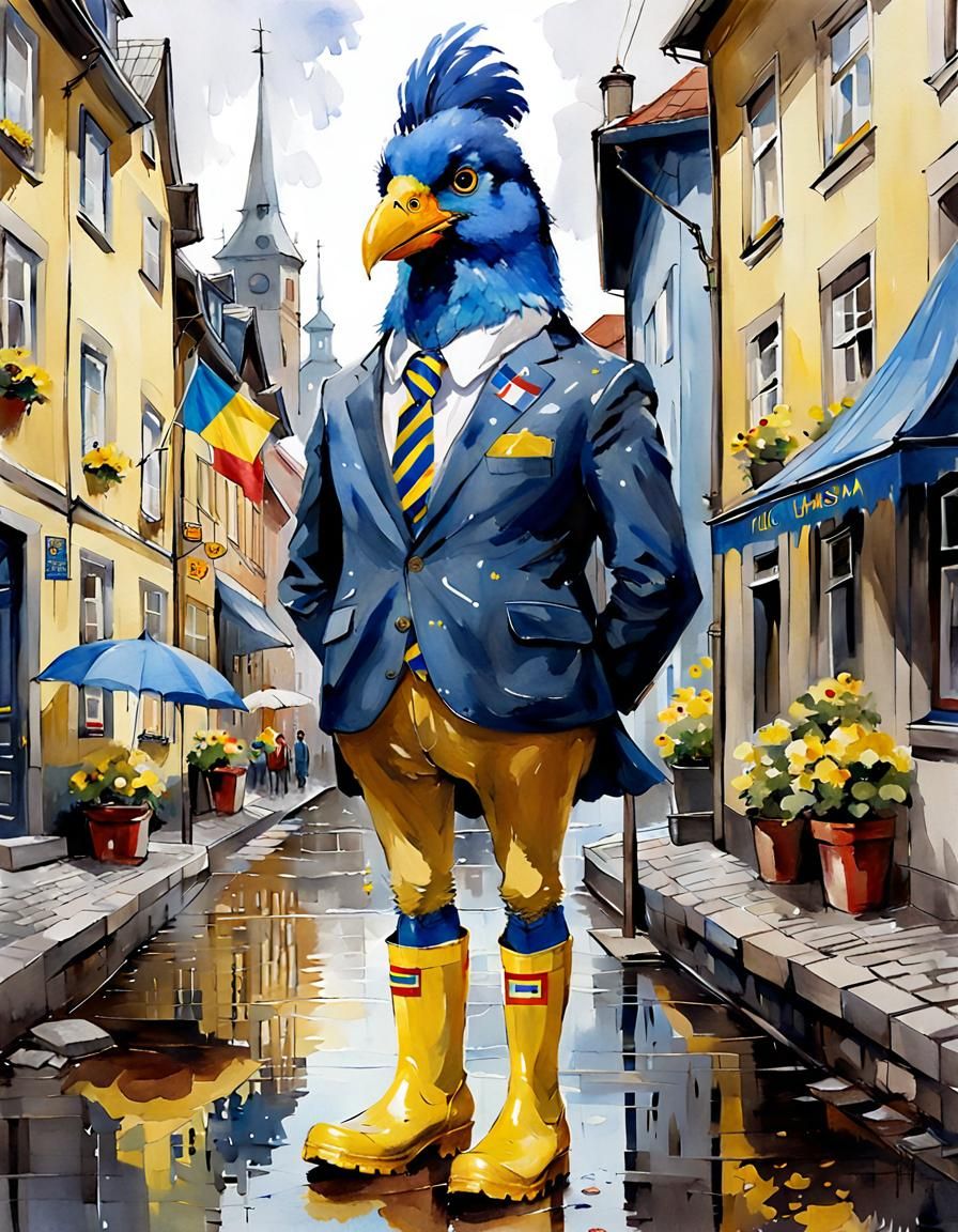 Fluffy Blue Bird in Swedish Town, Watercolor Cartoon