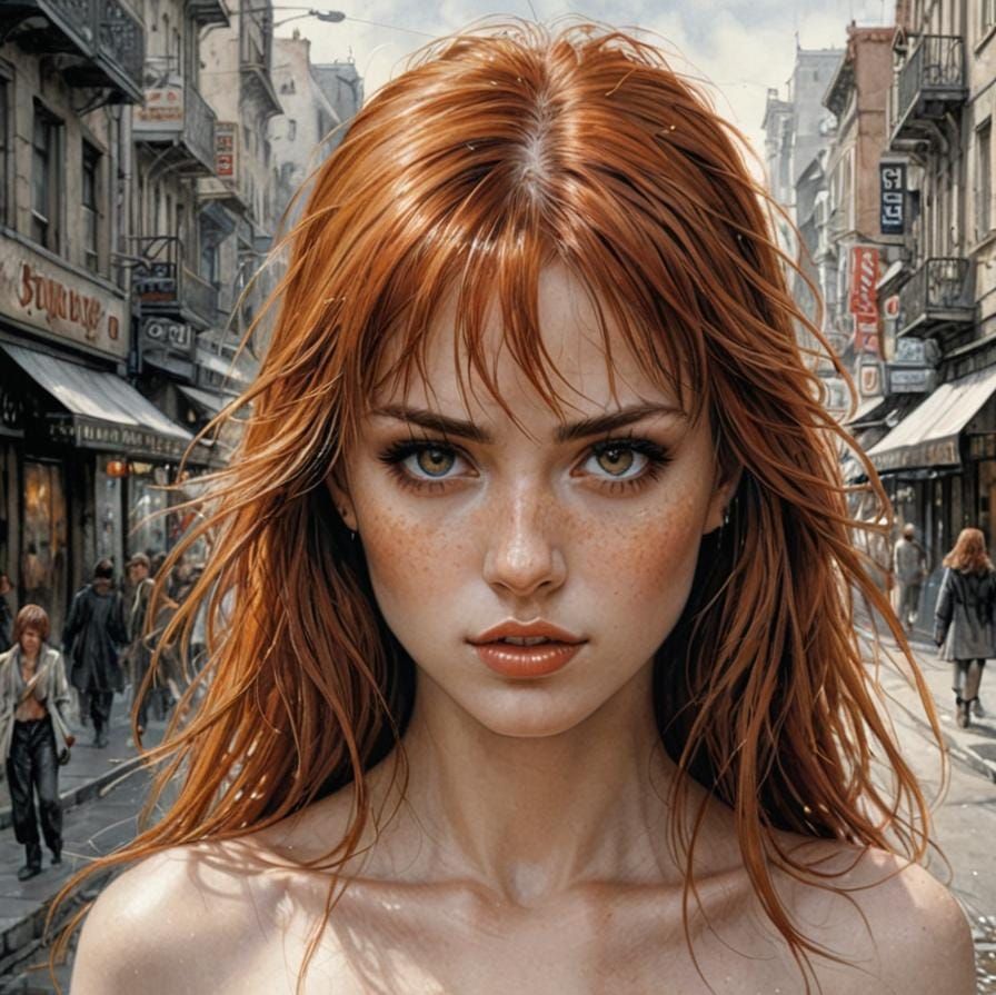 Beautiful Redhead on Street Corner in Fantasy Art Style