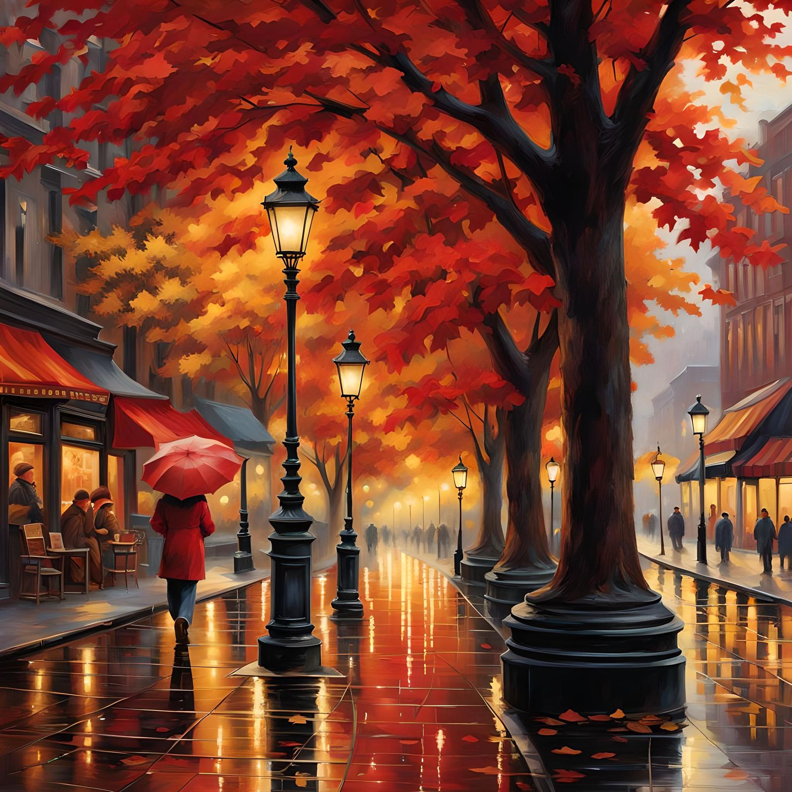 Autumn Rain Scene with Warm Lighting