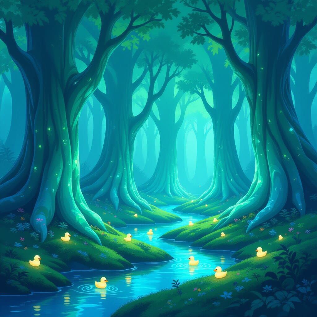 Ethereal Forest of Bioluminescent Liquid Trees