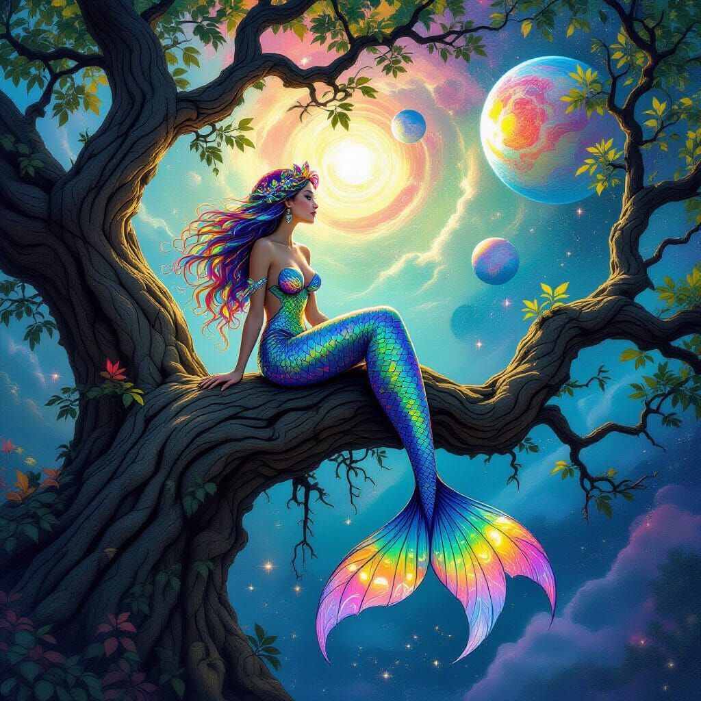 Mermaid in Space with Stained Glass Leaves