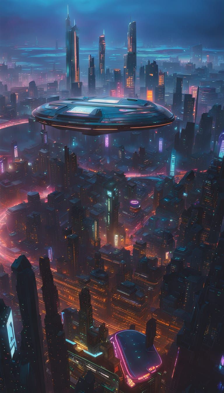 Cyberpunk Metropolis at Night with Neon Lights