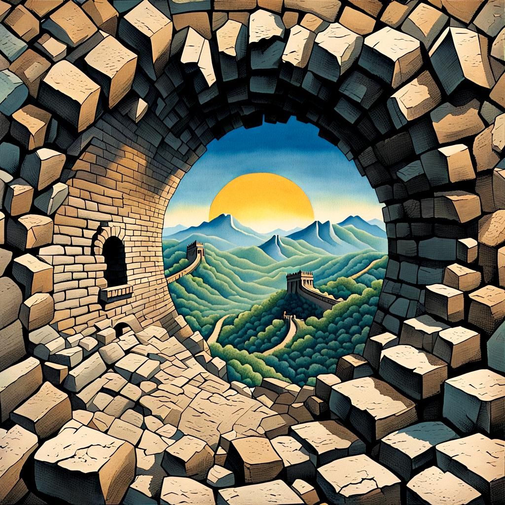 Great Wall of China falling down a hole, fine art, blotter art, anemoiacore, lovecore, cover art for anime, a fractal im...