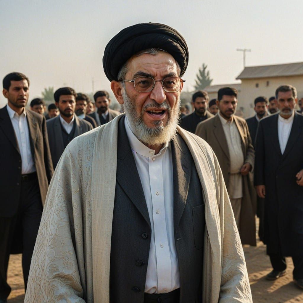 Cleric Confronts a Fierce Canine in a Sunlit Landscape